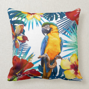 Tropischer Macaw Papagei Gelb Aquamariner Red Flor Kissen