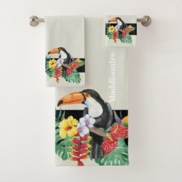 Tropischer Monogramm Name Schwarzer Toucan Badezim Badhandtuch Set