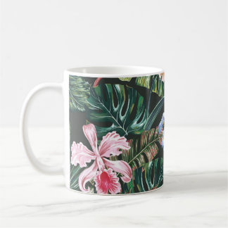 Tropischer, nahtloser Muster-Hintergrund mit e Kaffeetasse