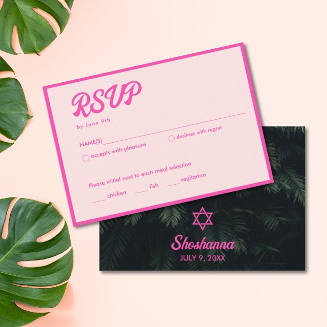 Tropischer Neon Pink Bat Mitzvah RSVP-Karte Begleitkarte (Tropical Neon Pink Bat Mitzvah RSVP Card
)