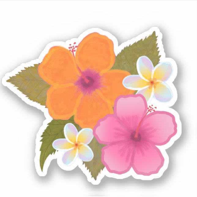 TROPISCHER ORANGE HIBISKUS PLUMERIA HAWAIIN BLUME AUFKLEBER (Vorderseite)