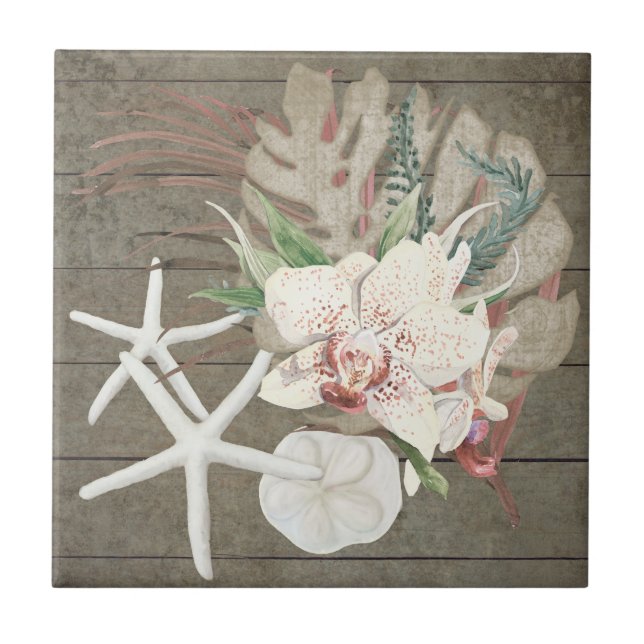 Tropischer Orchid Floral Beach Seashells Holz Fliese (Vorderseite)