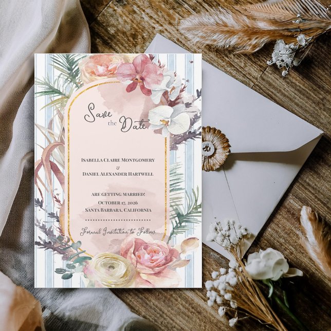 Tropischer Orchideenbogen Hochzeit Save-the-Date-M Magnetkarte (Tropical Orchid Arch Save the Date Magnet | Blush Floral Beach Wedding Announcement)