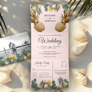Tropischer Palm Blush Pink Gold Ananas Hochzeit Dreifach Gefaltete Einladung