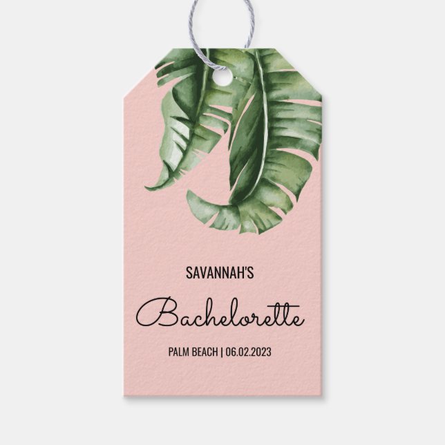 Tropischer Palm und rosa Bachelorette-Liebesmarken Geschenkanhänger (Vorderseite)