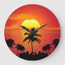 Tropischer Palme-Ozean-Horizont-Sonnenuntergang Große Wanduhr