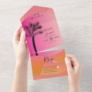 Tropischer Palmenbaum Abstrakte Hochzeit Rosa  All In One Einladung