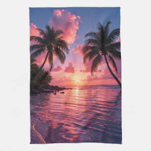 Tropischer Palmenbaum-Sonnenuntergang Rosa Ozean S Geschirrtuch