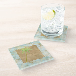 Tropischer Palmengarten Blue Gold Glitzer Glasuntersetzer