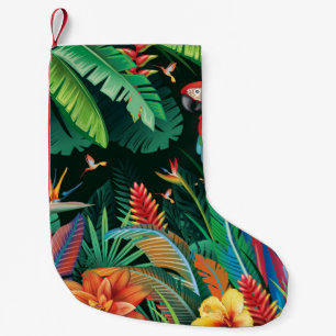 Tropischer Papagei: Exotischer Blumenhintergrund. Kleiner Weihnachtsstrumpf