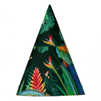 Tropischer Papagei: Exotischer Blumenhintergrund. Partyhütchen