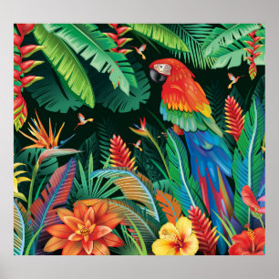 Tropischer Papagei: Exotischer Blumenhintergrund. Poster