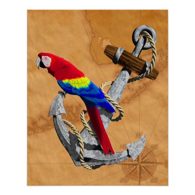 Tropischer Papagei und Anker Poster (Vorderseite)
