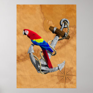 Tropischer Papagei und Anker Poster