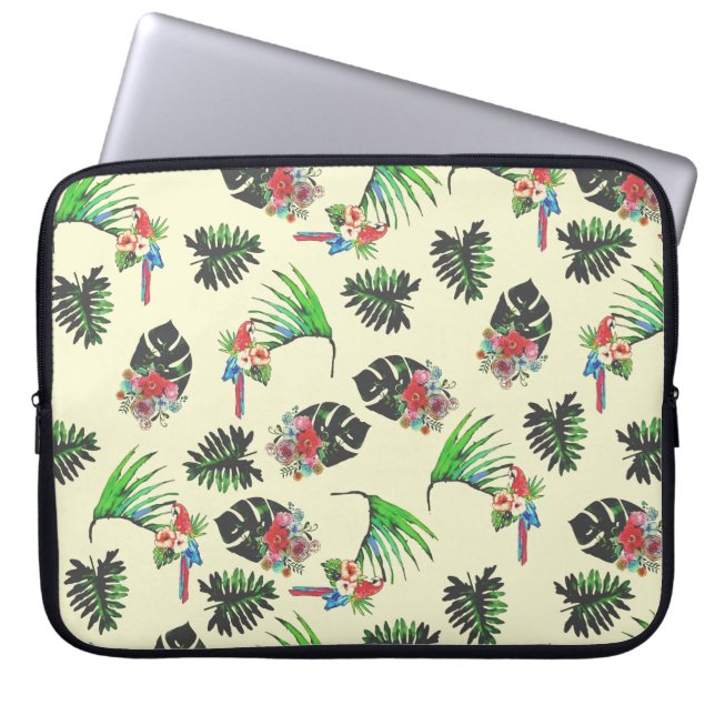 Tropischer Papagei und Blätter Aquarellmuster Laptopschutzhülle (Vorderseite)