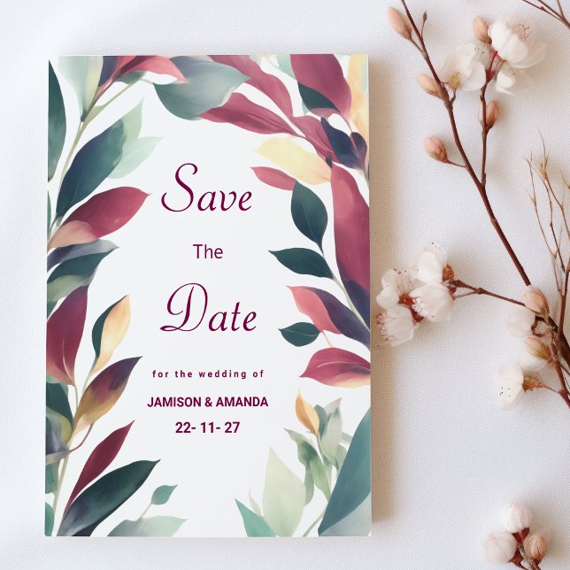 Tropischer Pfefferminz, Bortenburgund Save the Dat Einladung (Tropical mint orange burgundy floral Save The Date )