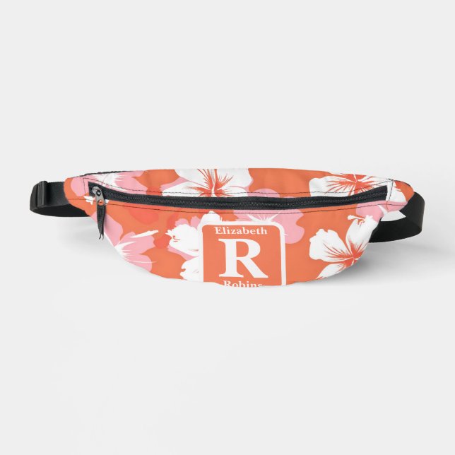 Tropischer PfirsichHibiskus personalisiert Monogra Bauchtasche (Vorderseite)