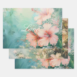 Tropischer Pfirsichweiße Hibiskus Liebe Geschenkpapier Set