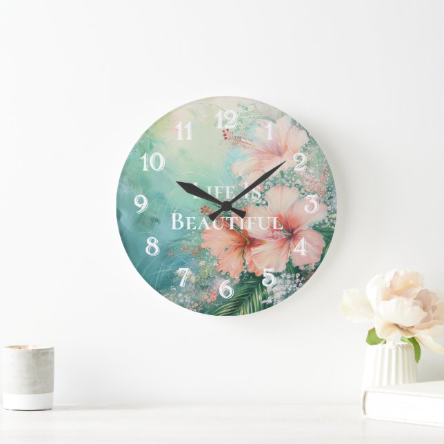 Tropischer Pfirsichweißer Hibiskus Große Wanduhr (Zuhause)