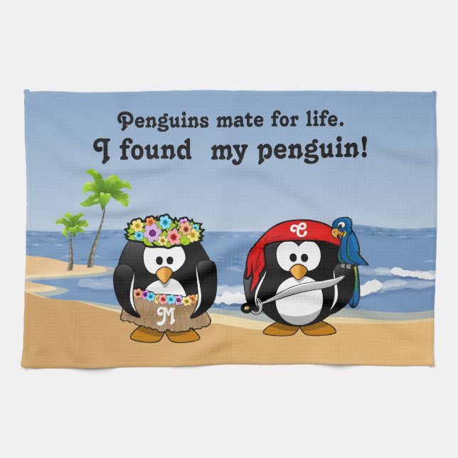 Tropischer Pinguin-Paare Hula Piraten-Insel-Strand Küchentuch (Horizontal)