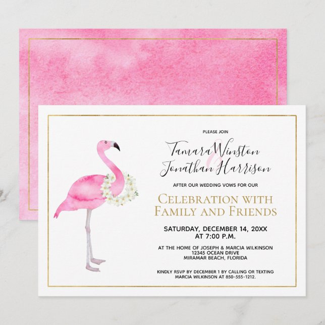 Tropischer Pink Flamingo Magnolia Empfang Einladung (Vorne/Hinten)