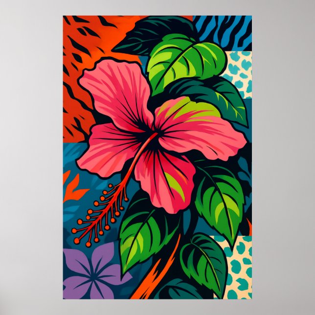 Tropischer Pink Hibiskus Blume Kunst Poster (Vorne)