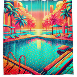 "Tropischer Pool mit Stadtbild - pulsierende Retro Duschvorhang