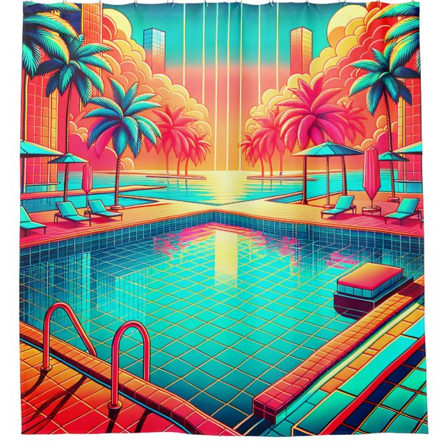 "Tropischer Pool mit Stadtbild - pulsierende Retro Duschvorhang (Vorderseite)