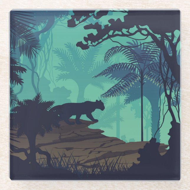 Tropischer Regenwald, Jaguar Abend Hintergrund. Glasuntersetzer (Vorderseite)