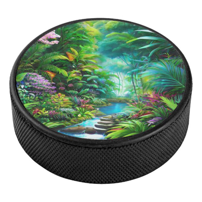 Tropischer Regenwald mit Bäumen und Blume Eishockey Puck (3/4)