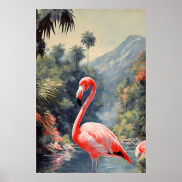 Tropischer Regenwald Pink Flamingo Vintag Poster