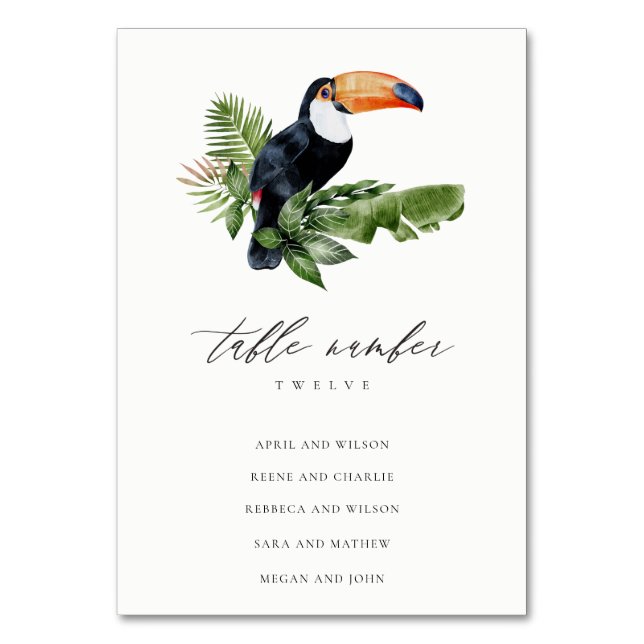 Tropischer Regenwald Toucan Hochzeitsdiagramm Tischnummer (Vorderseite)