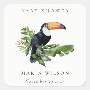 Tropischer Regenwald Toucan Laub Baby Shower Quadratischer Aufkleber