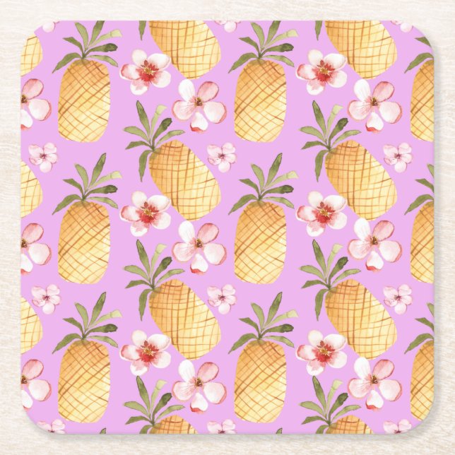 Tropischer Retro-Ananas-Druck auf lila Hintergrund Rechteckiger Pappuntersetzer (Vorderseite)