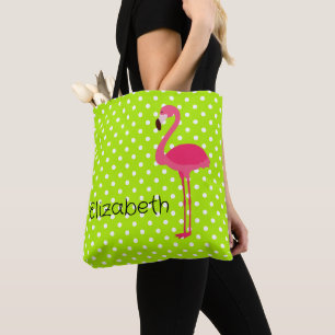 Tropischer Rosa Flamingo auf grün-weißen Tupfen Tasche