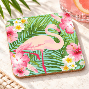 Tropischer Rosa Flamingo Blumen Palmwedel Getränkeuntersetzer