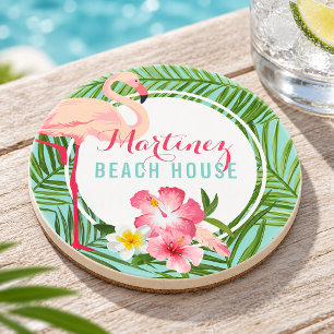 Tropischer Rosa Flamingo Custom Monogramm Strandha Getränkeuntersetzer