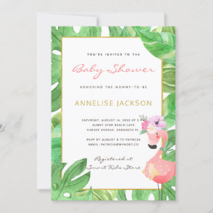 Tropischer rosa Flamingo grüne Blätter Baby Shower Einladung