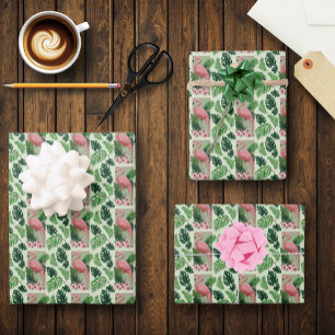 Tropischer Rosa Flamingo Grüne Palmblätter Lilie Geschenkpapier Set