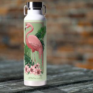 Tropischer Rosa Flamingo Grüne Palmwedel Lilie Trinkflasche