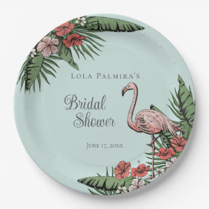 Tropischer Rosa Flamingo Hibiskus Brautparty Pappteller