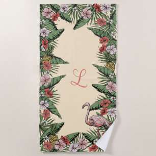 Tropischer Rosa Flamingo & Hibiskus Monogramm Strandtuch