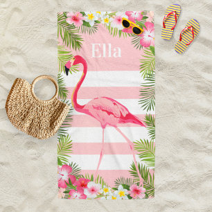Tropischer Rosa Flamingo Streifen Monogramm Strandtuch