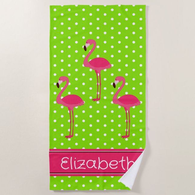 Tropischer rosa Flamingos auf Polka Docks Strandtuch (Vorderseite)