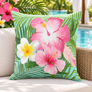 Tropischer Rosa Hibiskus Plumeria Palme Kissen