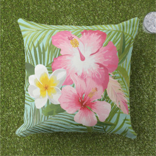 Tropischer Rosa Hibiskus Plumeria Palme Kissen
