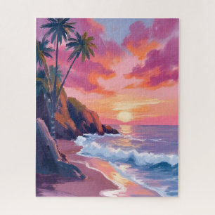 Tropischer rosa Sonnenuntergang Ozean Aquarell