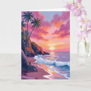 Tropischer rosa Sonnenuntergang Ozean Aquarell Karte
