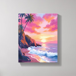 Tropischer rosa Sonnenuntergang Ozean Aquarell Leinwanddruck