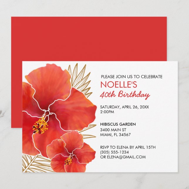 Tropischer Roter Hibiskus & Gold Leaf 40. Geburtst Einladung (Vorne/Hinten)